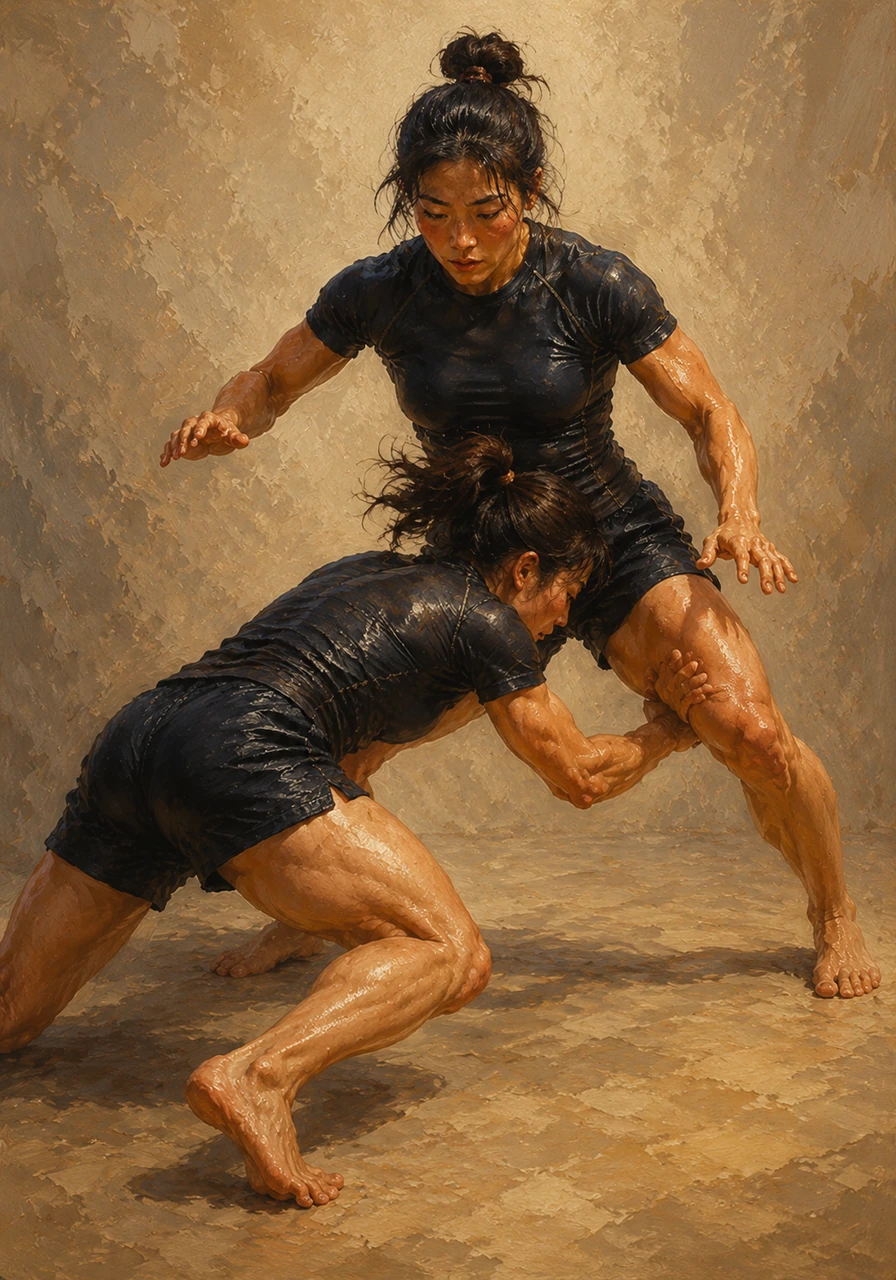 With a sudden burst of speed, Seo-Yeon changes levels and changes the angle, attempting a clean takedown. Ji-Ah anticipates the move instantly, dropping her hips down to sprawl and defend with perfect technique.