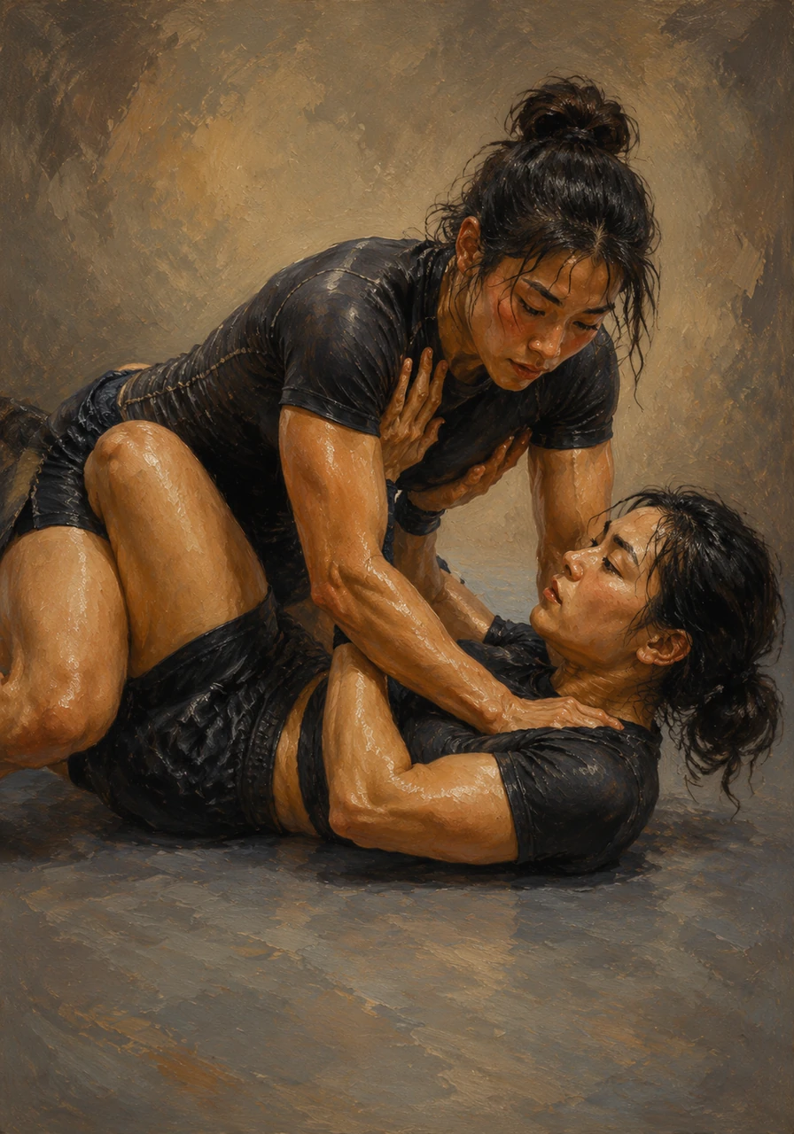 Seo-Yeon skillfully transitions into side control, securing a dominant position while keeping her breathing steady. Ji-Ah remains calm under pressure, using framing and hip escapes to look for a way out.