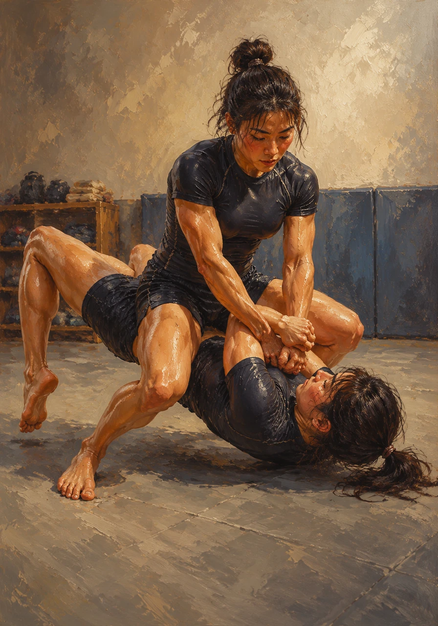 With an explosive bridge, Ji-Ah manages to reverse the position, sweeping her opponent and taking the top mount. The intensity rises, yet both athletes maintain absolute control and safety in their movements.