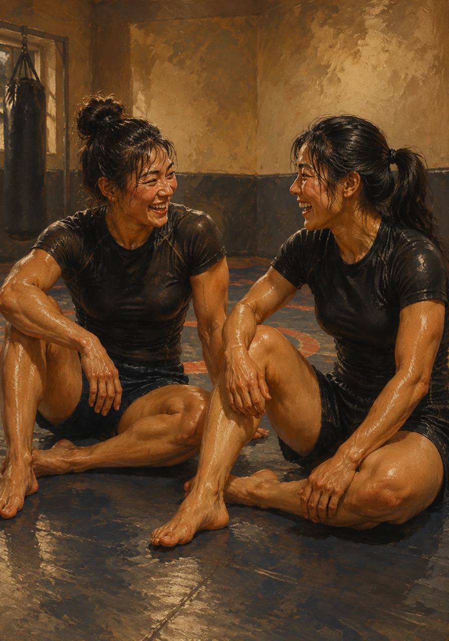 As the training timer rings, the intense grapple softens into a shared laugh of exhaustion and mutual admiration. They release their holds and sit up on the mat, catching their breath after a brilliant performance.
