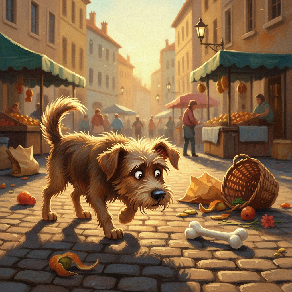 Rufus, un perro callejero con el pelaje de color tierra y ojos vivaces, vagaba por las calles adoquinadas de la ciudad. El sol de la tarde proyectaba largas sombras mientras olfateaba el aire, buscando cualquier rastro de algo interesante. De repente, entre los restos de un mercado bullicioso, algo blanco y prometedor captó su atención.