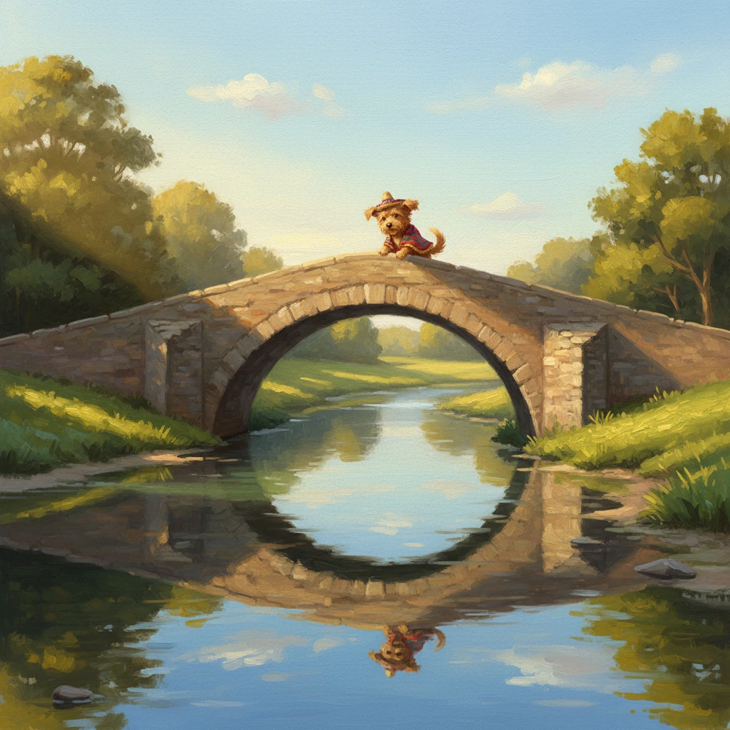 Llegó a un viejo puente de piedra que cruzaba un río sereno y cristalino. El agua reflejaba el cielo azul y las verdes orillas con una claridad asombrosa. Rufus se detuvo en el medio, mirando hacia abajo para contemplar el tranquilo fluir del agua.