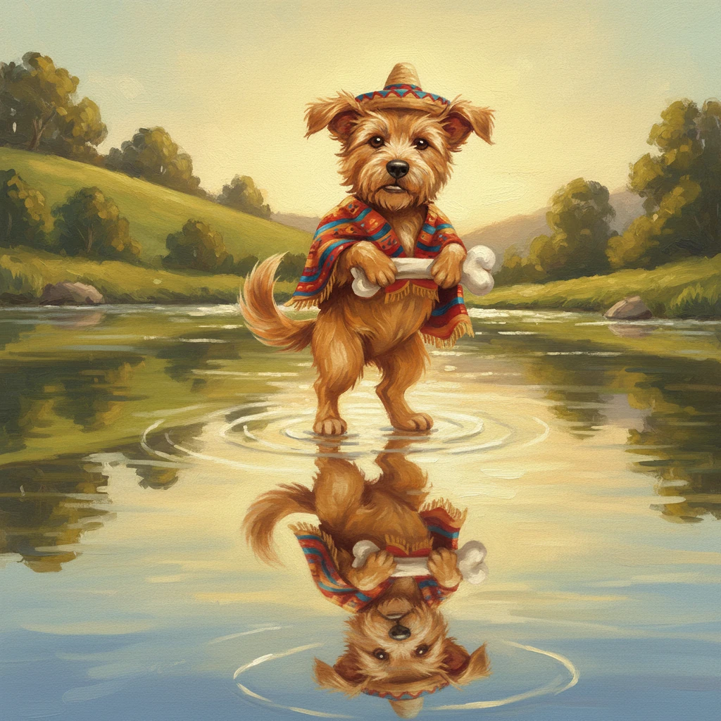 Allí, en el brillante espejo del río, vio a otro perro. Este perro también tenía un hueso en su boca, y parecía aún más grande que el suyo. Rufus ladeó la cabeza, su ceño fruncido con curiosidad y una punzada de envidia.