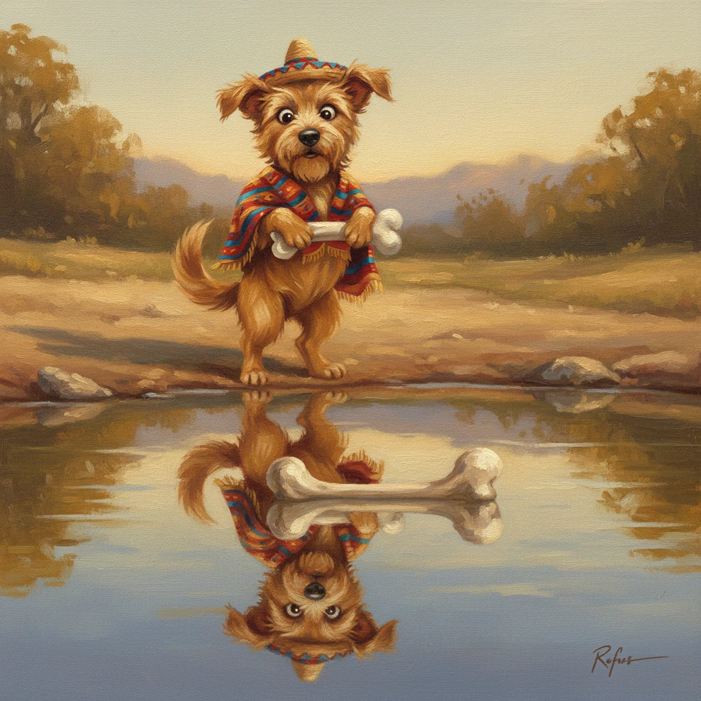 "¿Quién es ese perro?", pensó Rufus, sus ojos fijos en el reflejo. "¿Y cómo consiguió un hueso tan enorme? ¡Parece mucho más grande que el mío!" La felicidad de su propio hueso comenzó a desvanecerse ante la visión de lo que creía que era un tesoro superior.