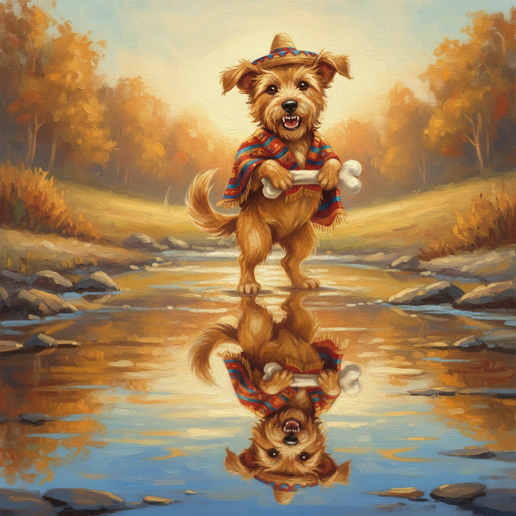 La codicia invadió su corazón. "¡Quiero ese hueso!", gruñó Rufus, sus labios se curvaron en un pequeño desafío. Con un ladrido fuerte y resonante, intentó ahuyentar al "otro perro" y reclamar el hueso más grande.