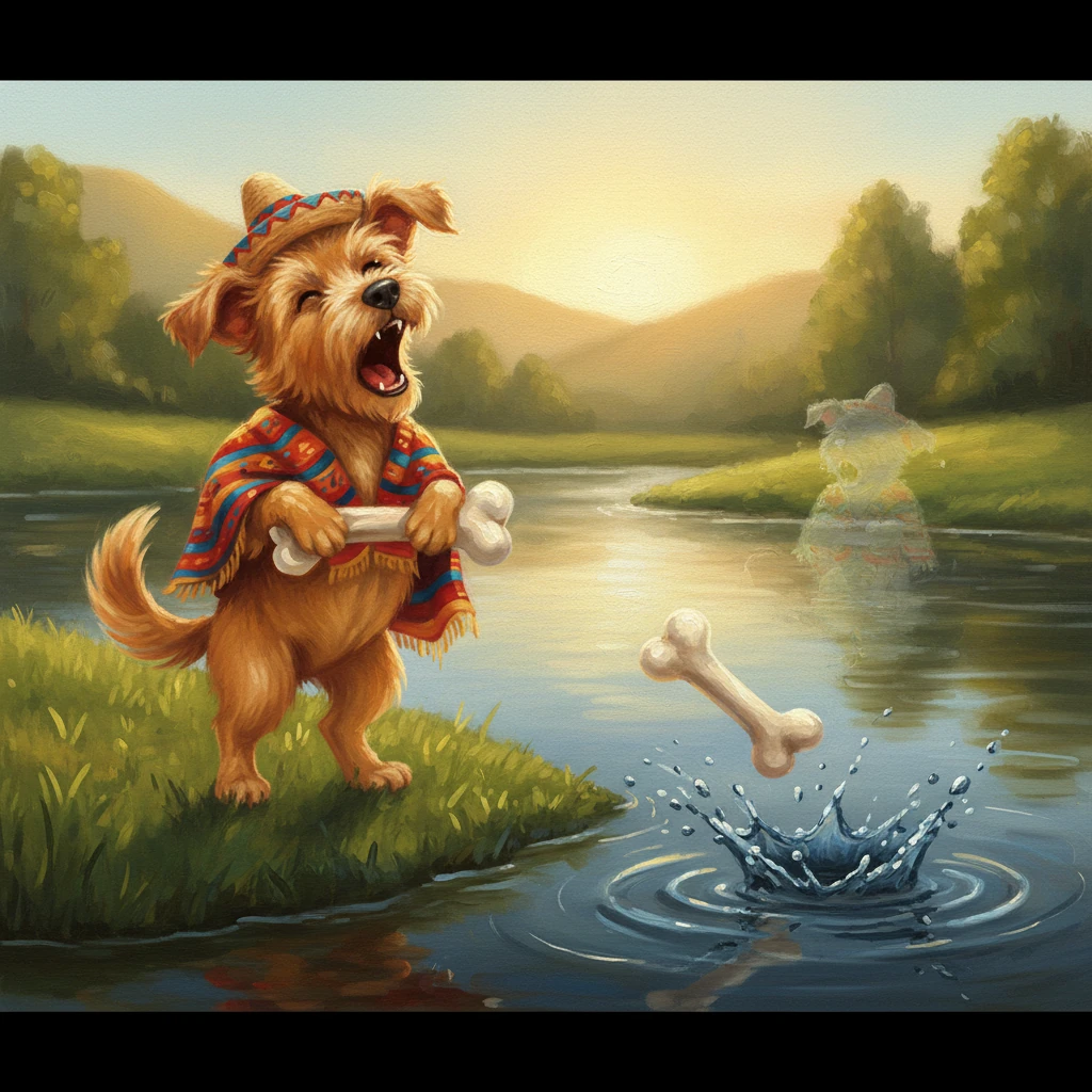 En el instante en que su ladrido resonó sobre el agua, el hueso se deslizó de sus mandíbulas abiertas. Con un chapoteo, cayó al río y se hundió rápidamente en las profundidades. Al mismo tiempo, el "otro perro" y su "hueso gigante" desaparecieron como por arte de magia.