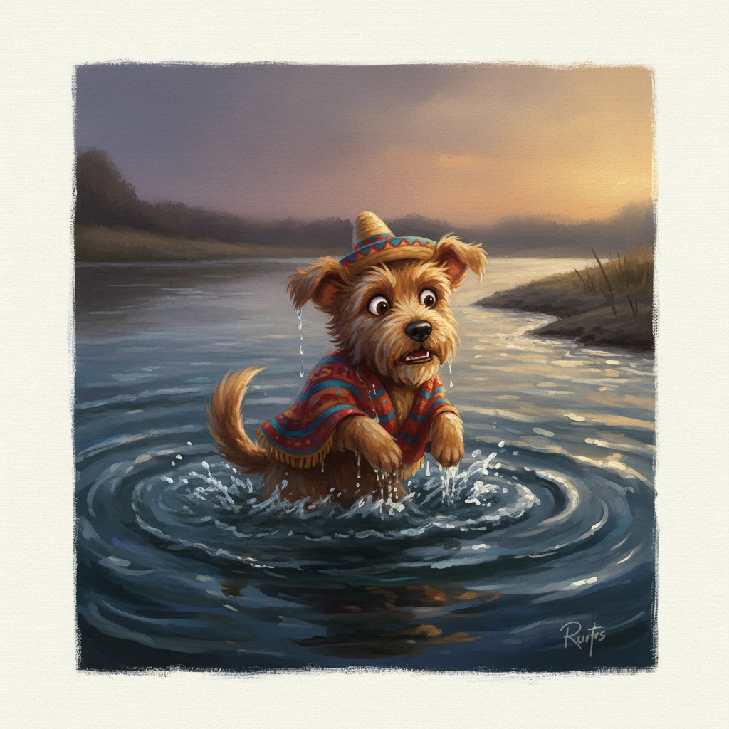 El agua fría y oscura envolvió a Rufus, quien luchó por mantenerse a flote, completamente empapado y tembloroso. Nadó con todas sus fuerzas hacia la orilla, buscando desesperadamente el rastro de su hueso perdido. Pero el río se lo había tragado, dejándolo solo y sin nada.