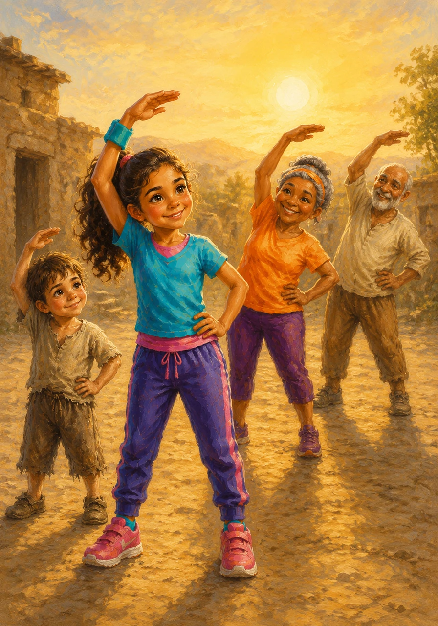 في الصباح التالي، استيقظ الجميع وهم يشعرون بنشاط لم يعهدوه من قبل، فبدأت ليلى معهم تمارين الصباح البسيطة تحت أشعة الشمس الذهبية. أظهرت لهم أن كل حركة، مهما كانت بسيطة أو معدلة لتناسب قدراتهم المختلفة، تضخ الحياة في عروقهم وترسم البسمة على وجوههم.