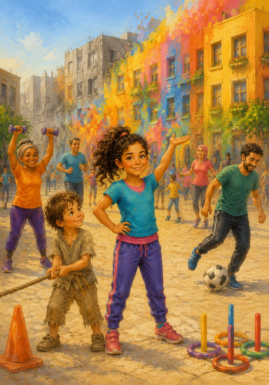 نظمت ليلى مهرجان الحركة في ساحة المدينة الكبرى، حيث شارك الجميع في ألعاب رياضية متنوعة تناسب كل فرد حسب قوته. بدأت جدران المباني تتحول من الرمادي الممل إلى ألوان زاهية وجميلة مع كل ضحكة وكل مجهود بدني يبذله السكان بحماس.