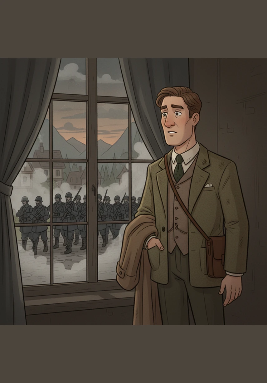 In a quiet village under a dark shadow, Anton watched the heavy boots of soldiers march past his window.
בכפר שקט תחת צל אפל, אנטון צפה במגפיהם הכבדים של החיילים צועדים על פני חלונו.
The world was changing, and fear hung in the air like a thick winter fog.
העולם השתנה, והפחד היה תלוי באוויר כמו ערפל חורפי סמיך.