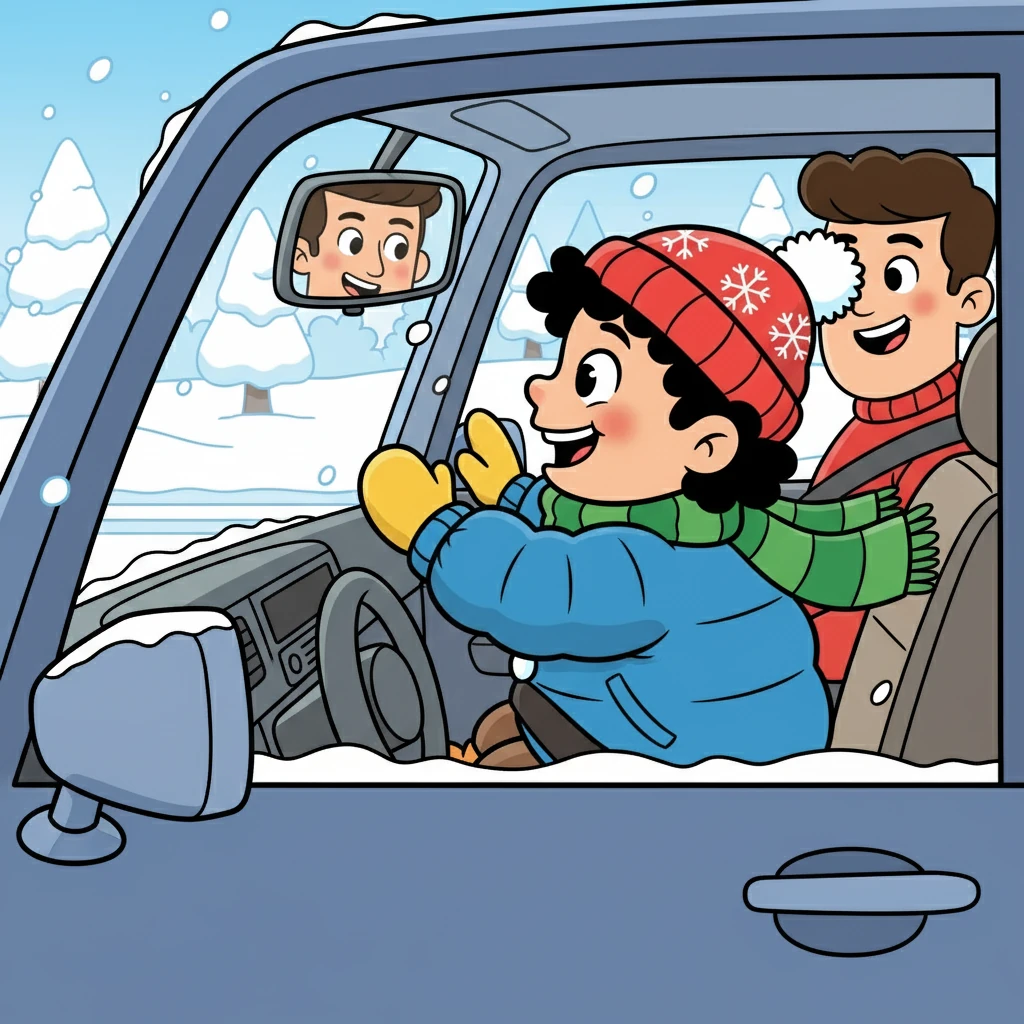 Kutay bounced in his car seat, his eyes glued to the window. Outside, the world was a blur of white, and the car crunched along the snowy road. His parents smiled, sharing his excitement for their first snow day adventure.