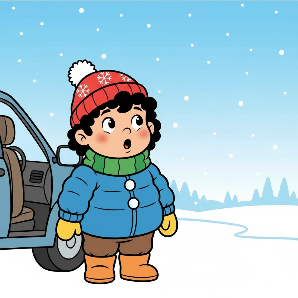 Kutay gasped as he stepped out of the car. The air was crisp and cold, and the world sparkled with a million tiny crystals. He looked up, his face filled with wonder, as he saw the snow falling gently from the sky.