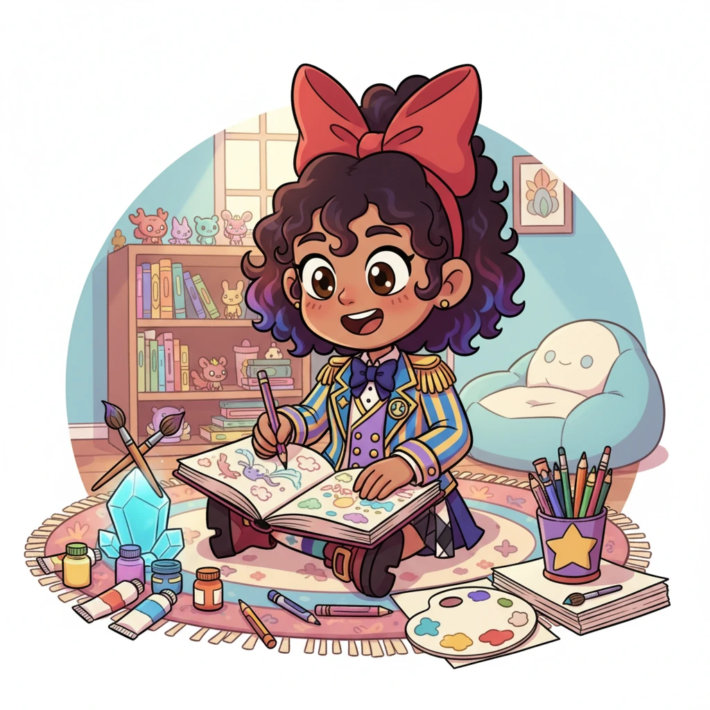 Kimiko, a bright-eyed girl with a cherry-red bow, sat nestled amongst her colorful art supplies. With a joyful hum, she sketched fantastical creatures and dreamlike landscapes in her well-loved sketchbook, completely lost in her creative world.