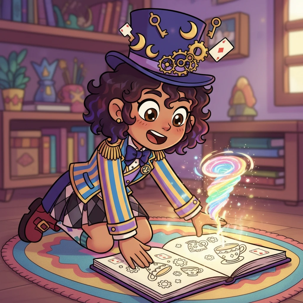 Suddenly, a playful shimmer rippled across the pages of her sketchbook, growing brighter and brighter. A tiny, swirling vortex, like a miniature rainbow portal, popped open right on one of her drawn teacups, beckoning her closer with a soft hum.