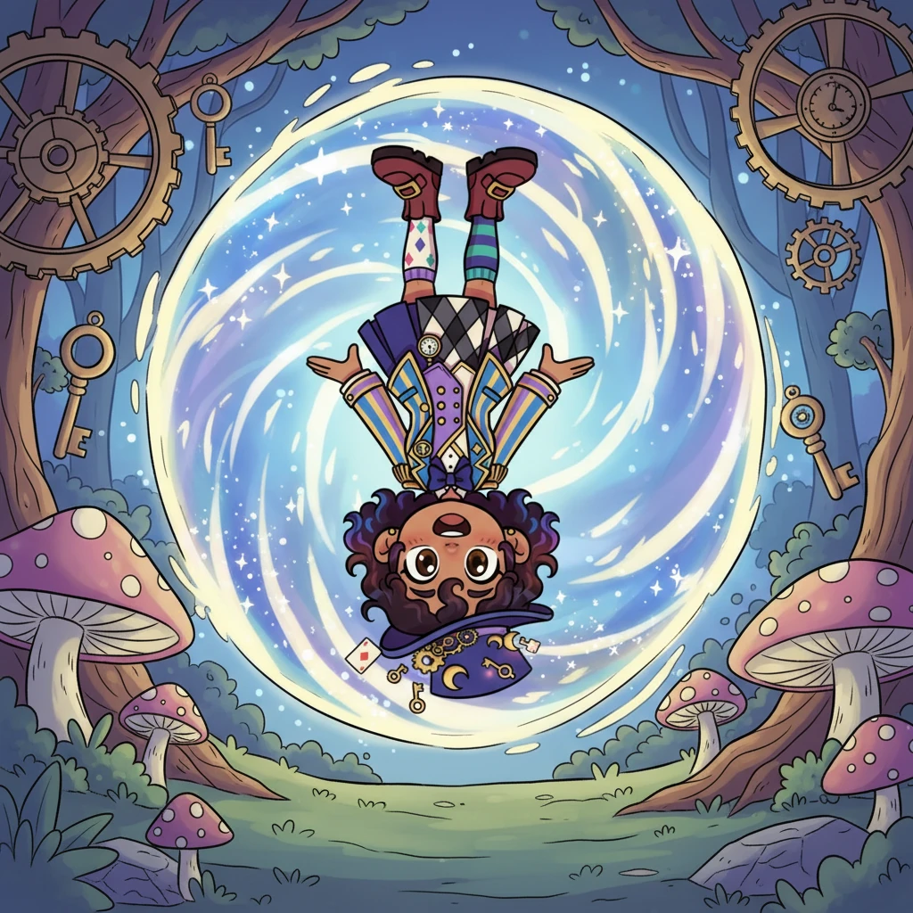 With a gasp of delightful surprise, Kimiko leaned in for a closer look. The portal twinkled invitingly, and before she knew it, she tumbled headfirst through the shimmering opening, her laughter echoing as she disappeared.