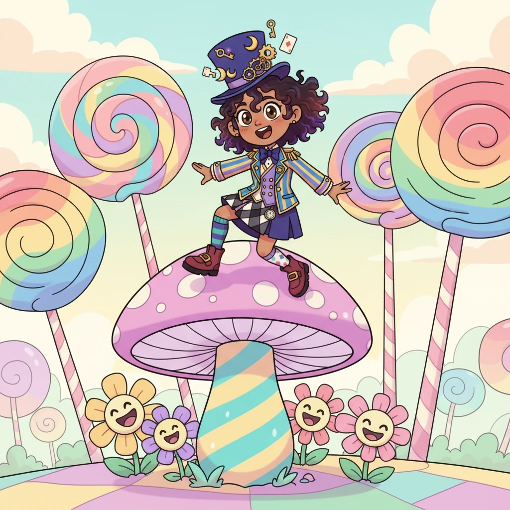 She landed with a soft bounce on a giant, springy mushroom in a land bathed in candy-colored light. Trees were shaped like spinning lollipops, and flowers giggled as she passed, a truly whimsical and wonderfully askew place.