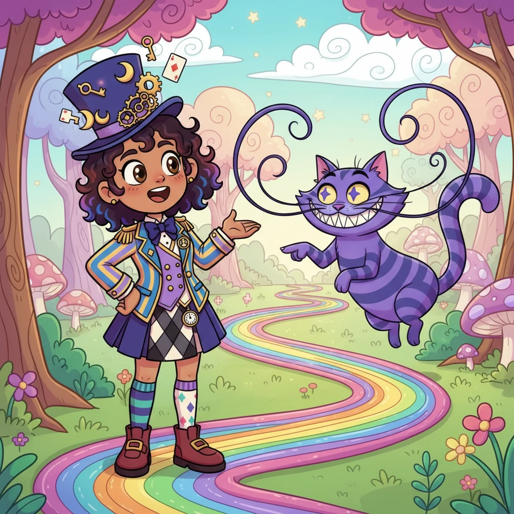 A moment later, a mischievous, grinning cat with impossibly long, striped whiskers materialized beside her. "Welcome, little wonderer!" purred the cat, whose name was Cheshire, its eyes twinkling like tiny stars as it pointed a paw down a path made of rainbow licorice.