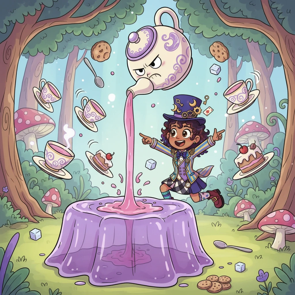 Following Cheshire's lead, Kimiko discovered a peculiar tea party in full swing, but everything was gloriously upside down. Teacups floated in the air, cakes spun on their saucers, and a grumpy teapot was stuck upside down, spilling its contents onto a giant, wobbly jelly table.