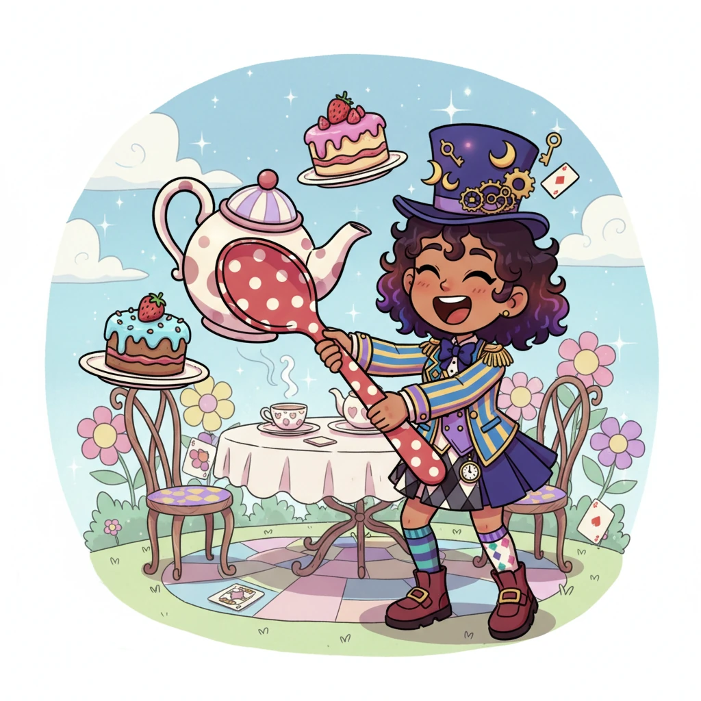 Kimiko, never one to shy from a challenge, giggled and grabbed a giant, polka-dotted spoon. With a gentle nudge, she righted the teapot, then carefully balanced the floating cakes back onto their saucers, bringing order to the delightful chaos.