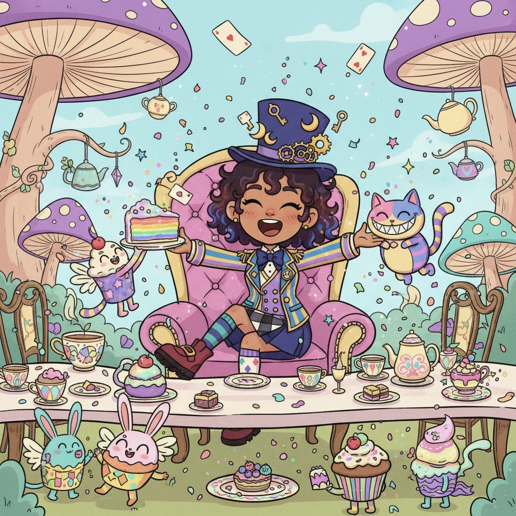 The quirky tea party guests, a collection of tiny, chattering creatures, cheered loudly, showering Kimiko with confetti made of sparkling sugar. They offered her a slice of shimmering rainbow cake, and she shared a happy laugh with Cheshire.