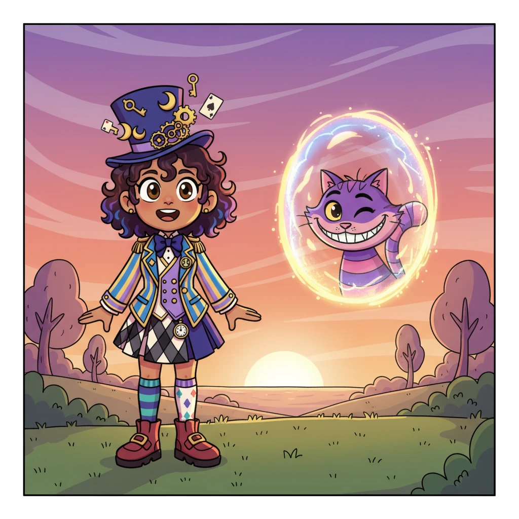 As the vibrant sun began to dip below the horizon, painting the sky in swirls of lavender and orange, the tiny portal from her sketchbook reappeared, shimmering softly. Cheshire gave her a final, knowing wink, a silent farewell.