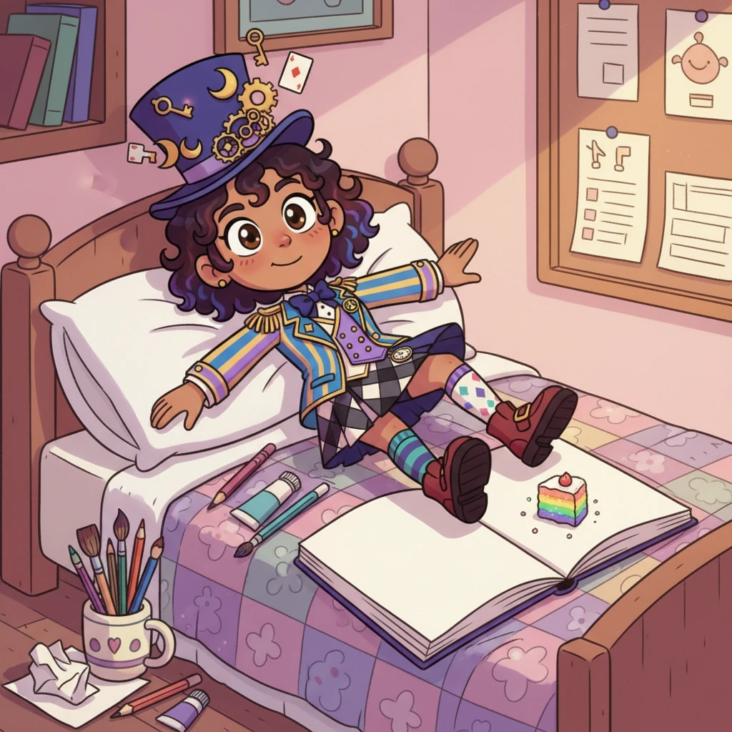 Kimiko tumbled back into her cozy room, landing gently on her bed amidst her art supplies. Her sketchbook lay open to a blank page, but a tiny, glistening crumb of rainbow cake rested beside it, a sweet and sparkly reminder of her extraordinary adventure.