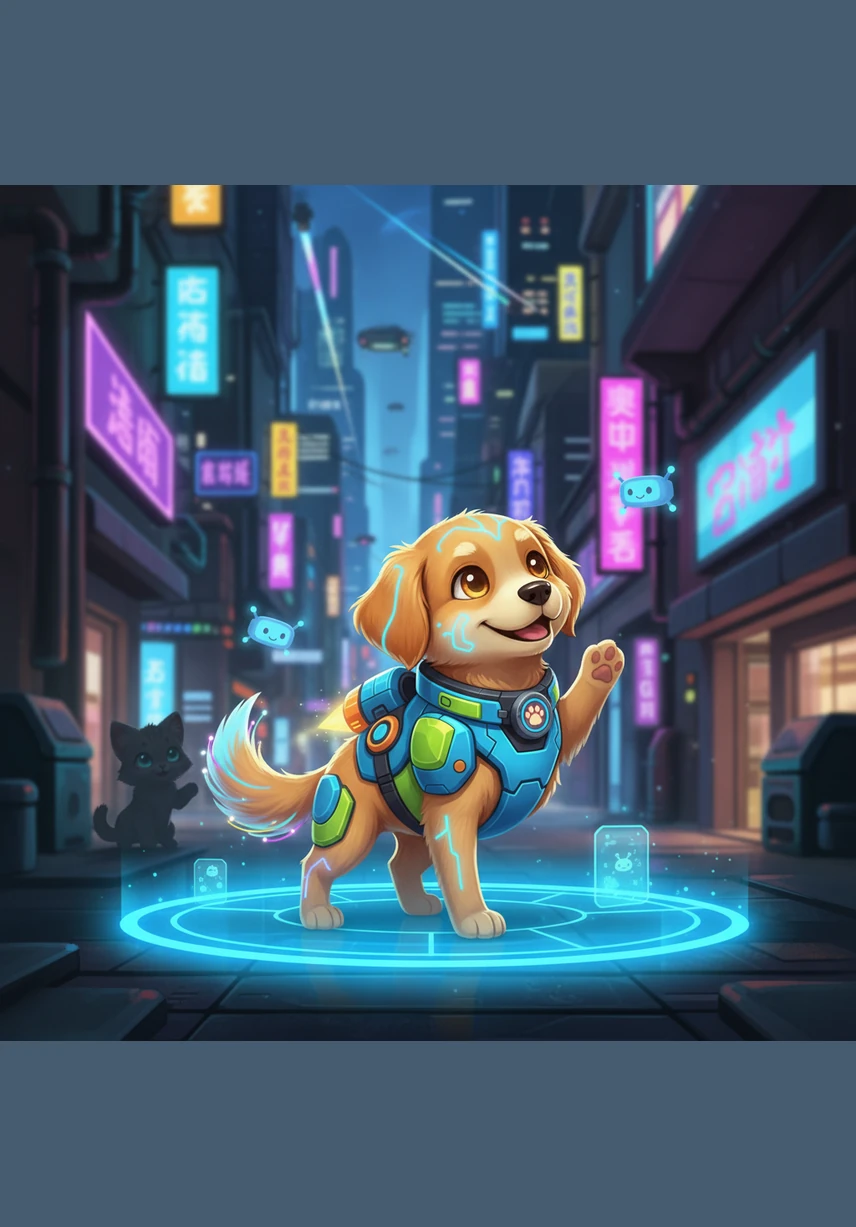 The dog wags his tail and looks at Sam happily. I am here! says the dog with a friendly woof.