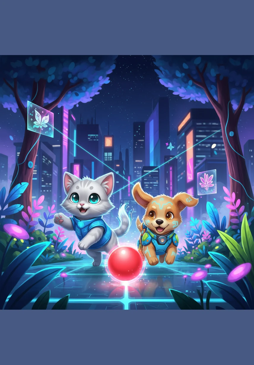 The two new friends chase the red ball all around the garden. We can play! they say together.