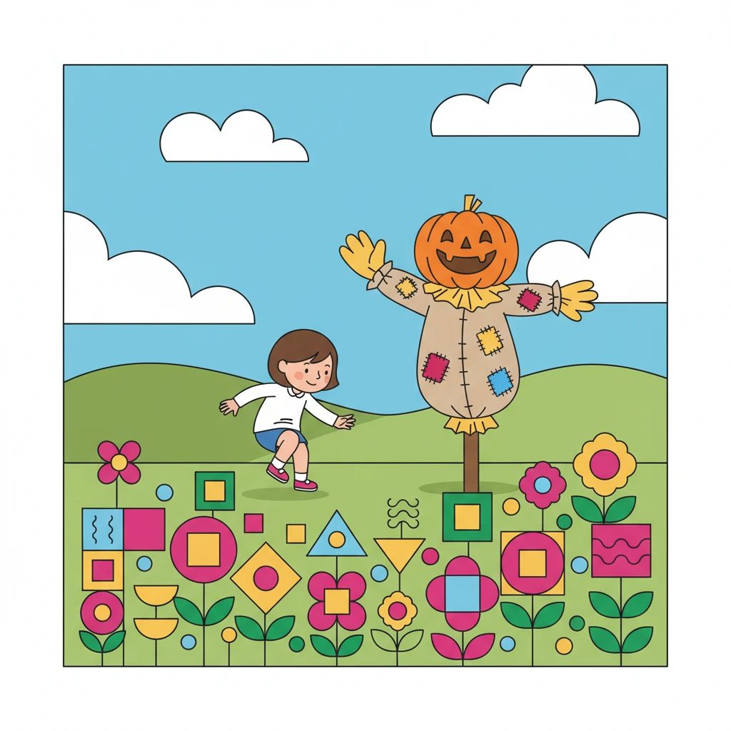 Lily landed softly in a field of bright, geometric flowers, where a friendly Scarecrow, made of smiling straw and bold patches, waved hello. "I'm looking for new ideas!" he chirped.
