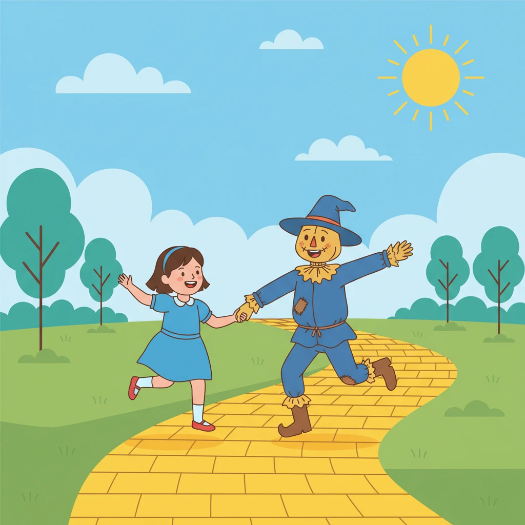 Lily told the Scarecrow she wanted to find her way back to her warm bed. "I'll come with you!" he offered, and together they skipped down a bright yellow path.