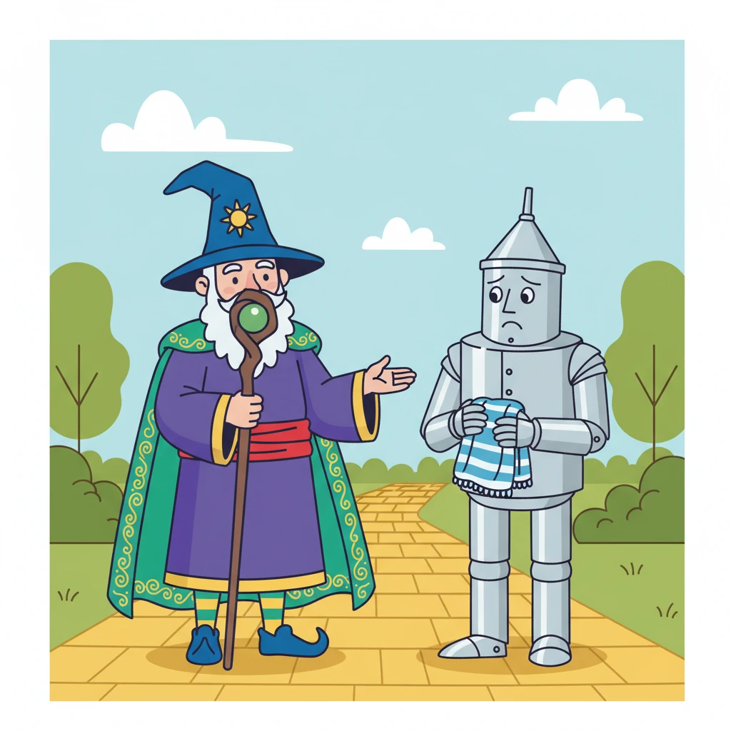 Soon, they met a shiny Tin Woodsman, made of smooth silver shapes, who held a small, soft blanket. "I just wish I felt cozy," he sighed, joining their journey.