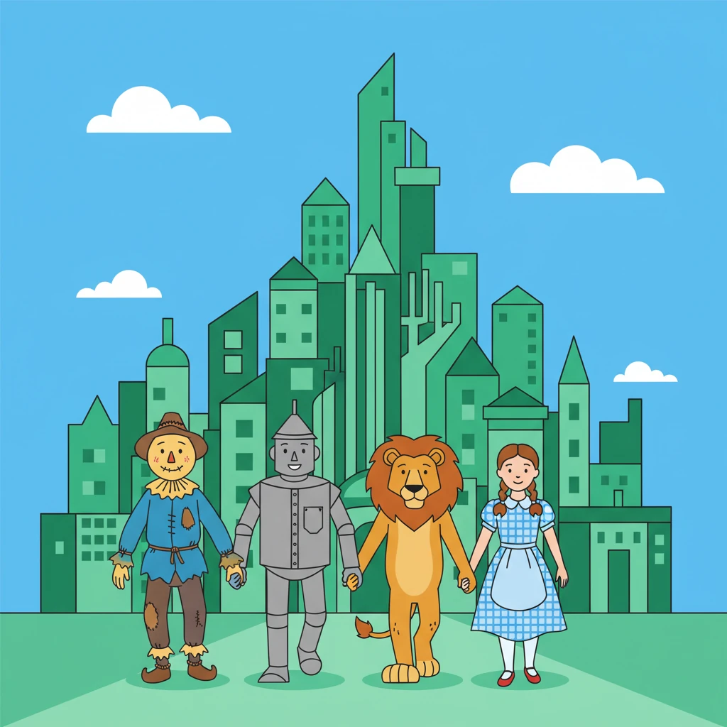 The four friends, hand-in-paw, hand-in-straw, arrived at a marvelous city of emerald green buildings, shimmering under a clear blue sky. It looked like a friendly puzzle!