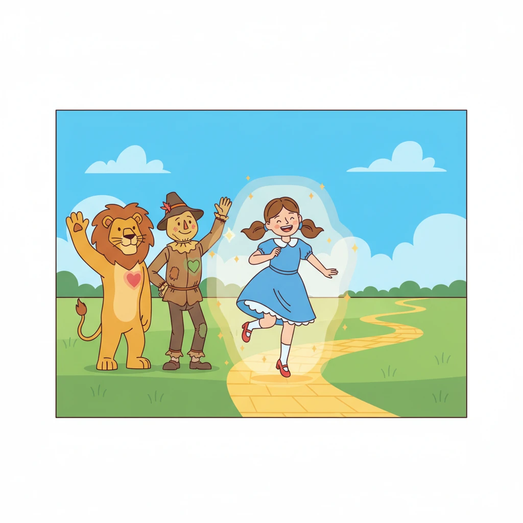 Lily understood! With a happy click of her heels, a soft glow surrounded her. Her friends waved goodbye, their hearts full of the courage, coziness, and ideas they found within themselves.