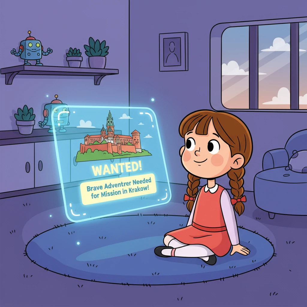 W swoim pokoju Zosia miała holograficzny ekran, na którym oglądała wiadomości. Nagle, pojawił się komunikat: "Poszukiwany! Odważny poszukiwacz przygód potrzebny do misji w Krakowie!"