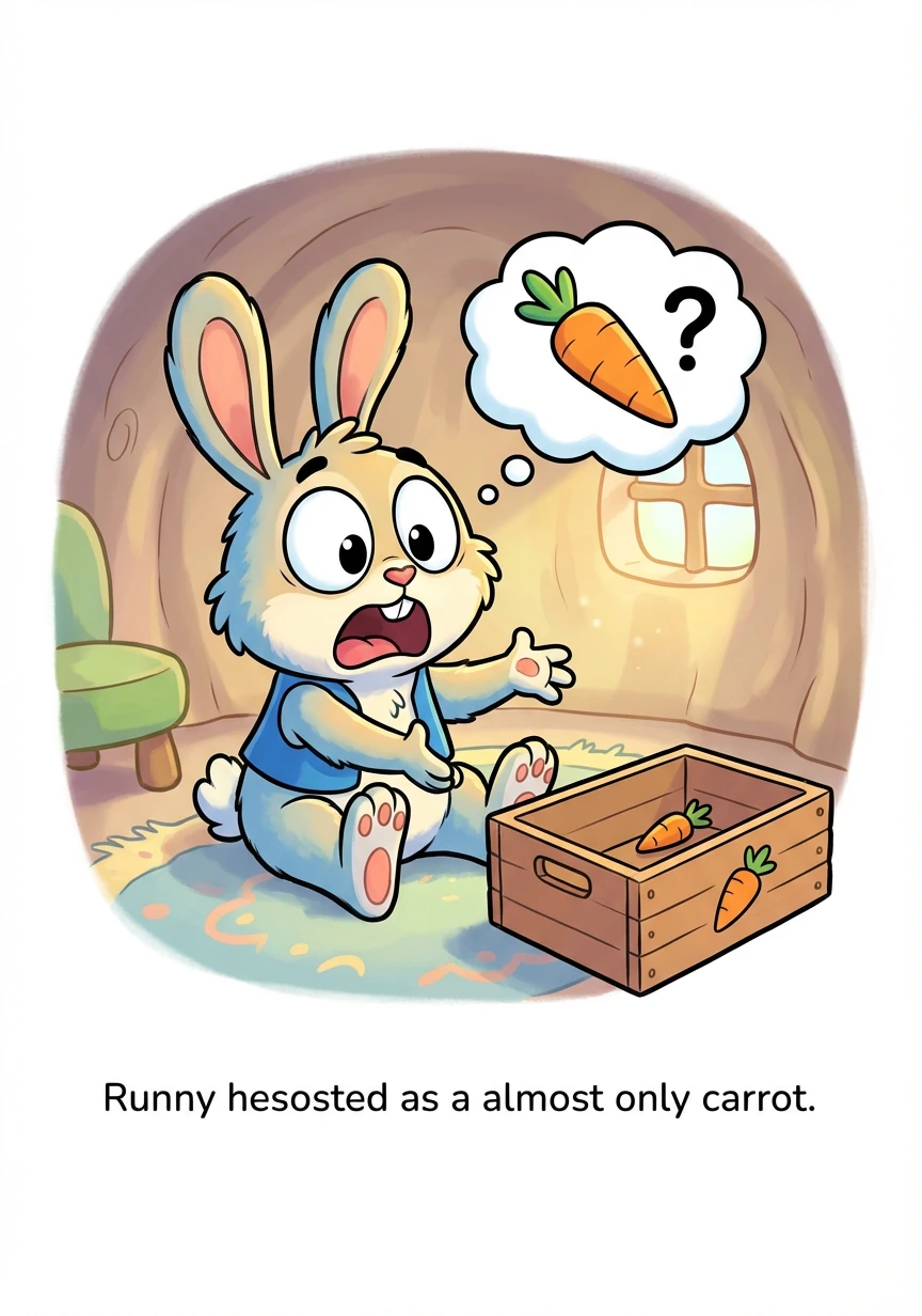 Runny the bunny, so fluffy and bright, woke up one morning with a terrible fright! His carrot supply was shockingly low, "Oh dear!" cried Runny, "Where will I go?"