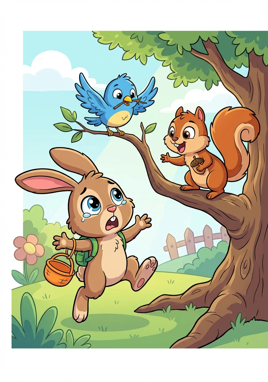 He hopped to his friends, Pip the squirrel and Blue the bird, "My carrots are gone, have you ever heard?" Pip chirped, "Farmer McGregor has a garden so grand!" Blue tweeted, "The best carrots grow in that land!"