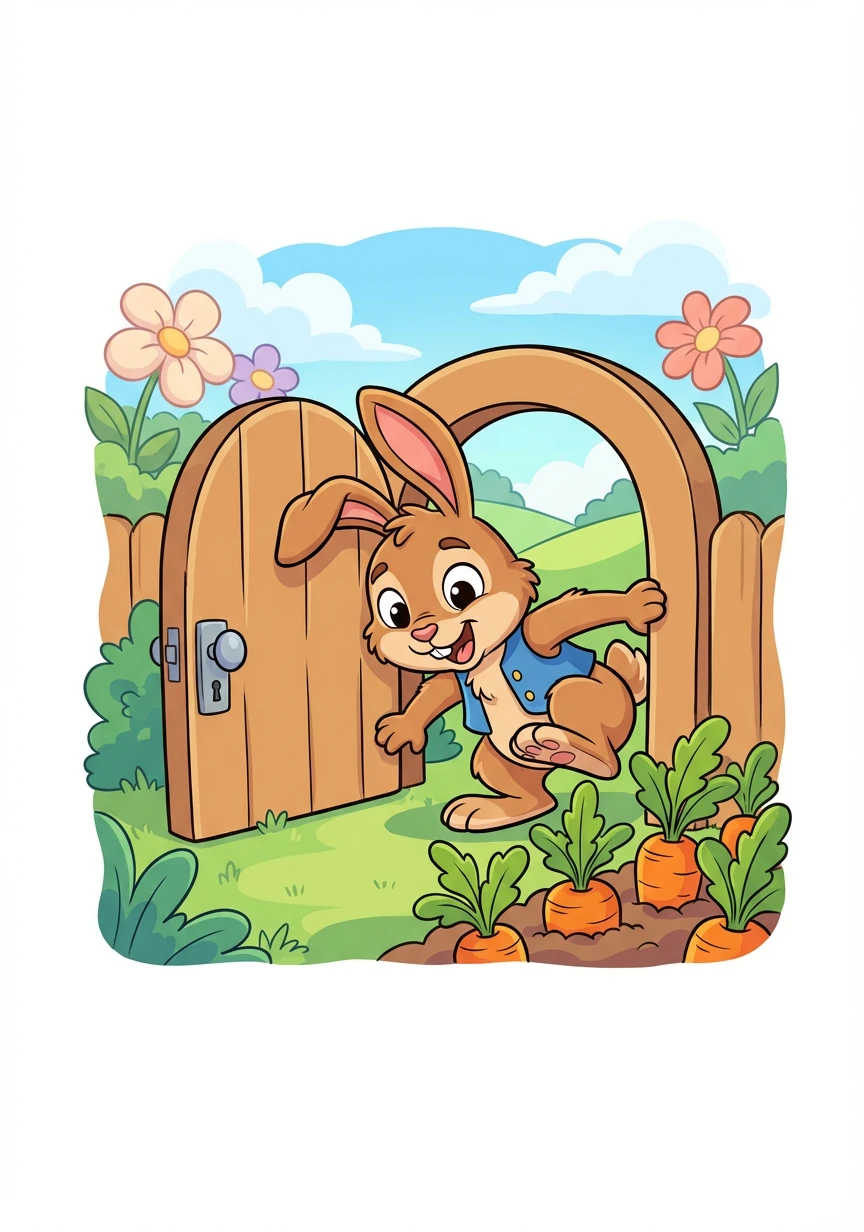 So Runny set off, with a hop and a skip, towards McGregor's garden, a daring little trip. The gate was wide open, a tempting invite, Runny squeezed through, filled with carrot delight!