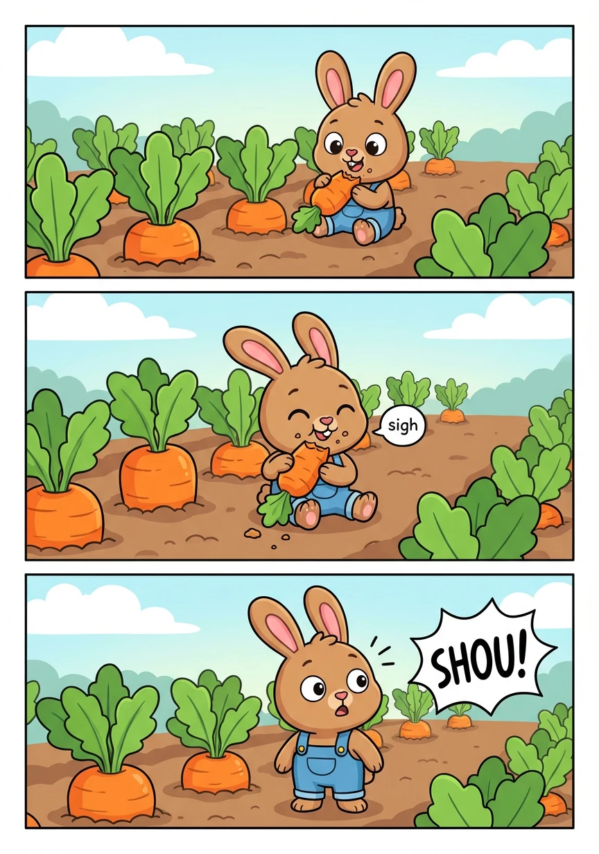 Inside the garden, rows neat and green, the biggest, juiciest carrots Runny had seen! He nibbled and munched with a happy small sigh, then heard a loud voice shout from nearby!