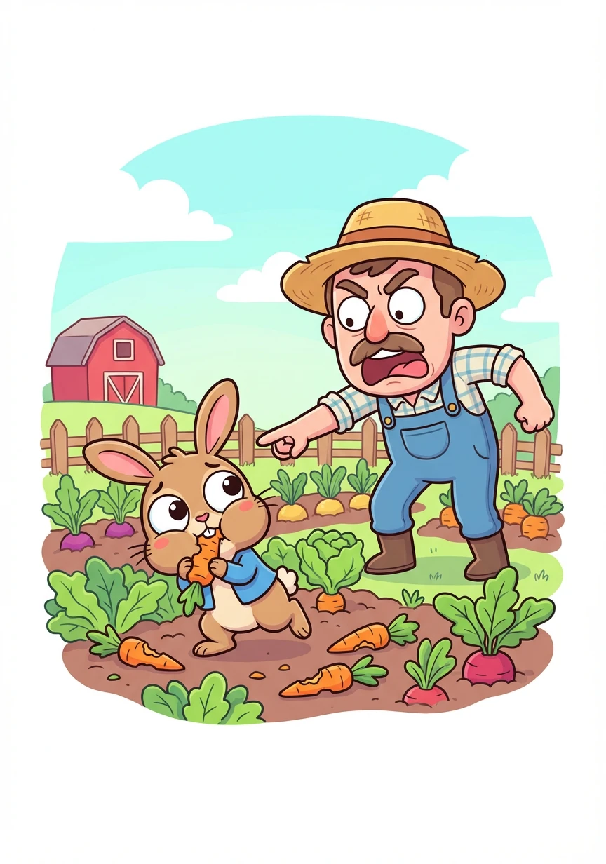 Farmer McGregor, with a frown on his face, spotted Runny munching at a rapid pace! "Get out of my garden, you mischievous pest!" he boomed, putting Runny to the test.