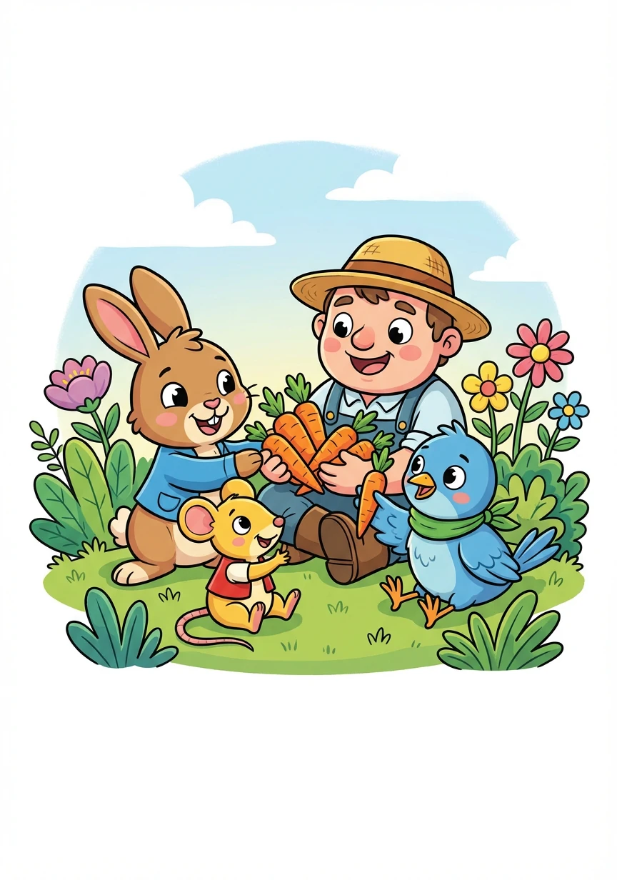 Runny, Pip, and Blue, with a clever plan, offered to weed McGregor's garden by hand. The farmer agreed, with a smile and a nod, and now they all share the carrots, by the grace of God!