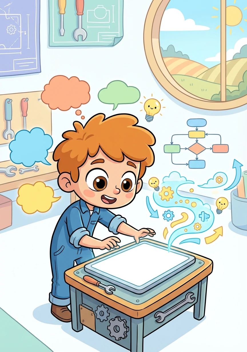 Arlo, a bright-eyed young inventor, stared at a blank screen, eager to build his first workflow. He imagined a world where ideas flowed like water, guided by his creations.