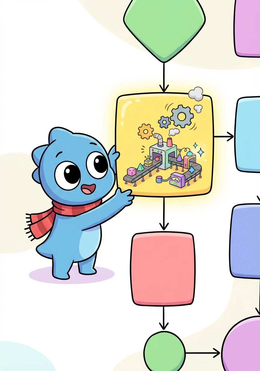 Next, he added a 'Process' node, a cheerful yellow square. Arlo imagined it as a tiny factory, transforming ideas into something new and exciting.