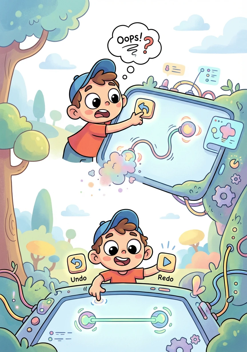 He made a small mistake connecting the nodes. 'Oops!' he thought, and clicked 'Undo'. The connection vanished, allowing him to try again. 'Redo!' he said, restoring the correct line.