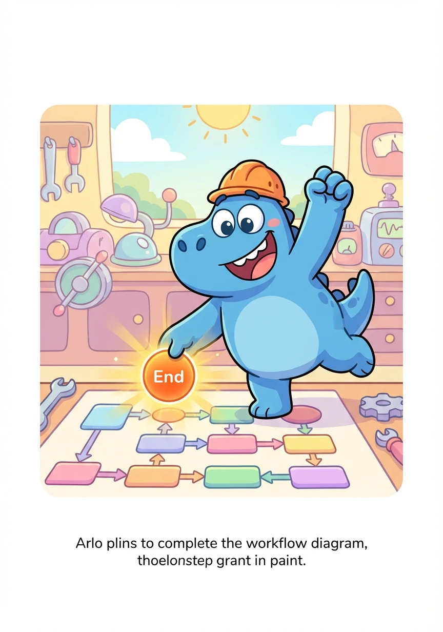 Finally, Arlo added an 'End' node, a radiant orange circle. The workflow was complete! He beamed with pride, ready to unleash his creation upon the world.
