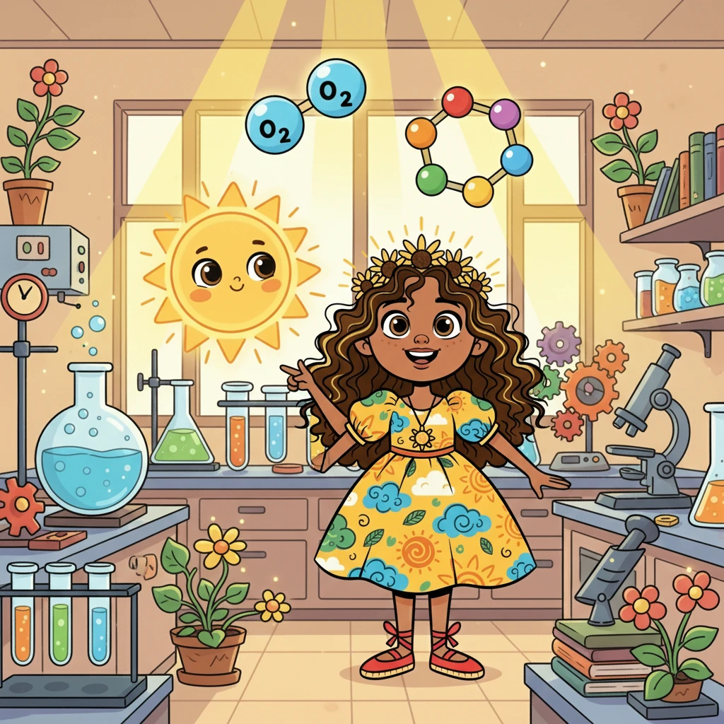 Solara, con la guía de Helio, se adentró en un laboratorio donde estudiaban el metabolismo, aprendiendo sobre la importancia del oxígeno y la glucosa. Comprendió que la vida florece con la luz.