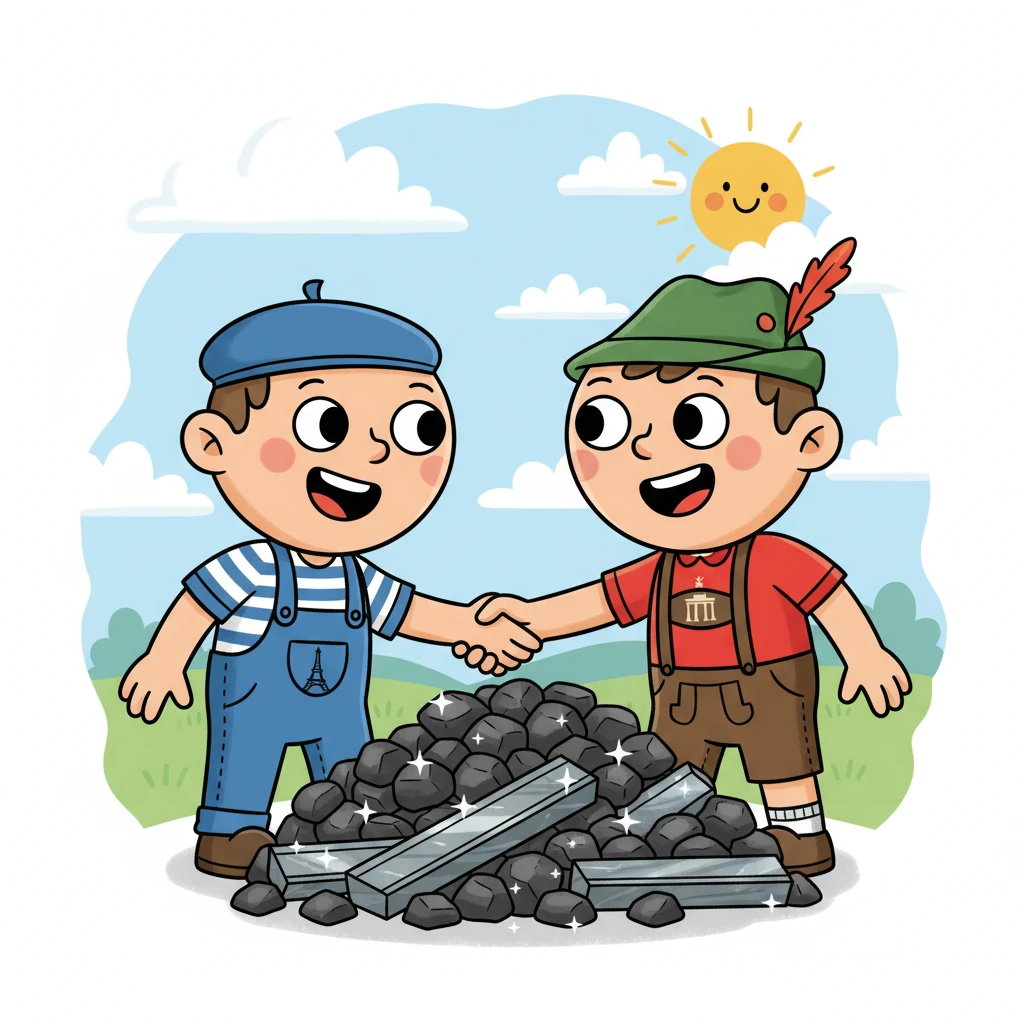 She imagines two friendly cartoon figures, one representing France and one Germany, shaking hands over a shared pile of coal and steel. This bold idea, known as the Schuman Declaration, was the very first step towards binding their economies and their fates, making war unthinkable.