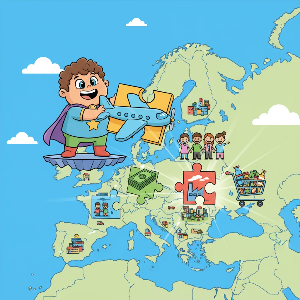 Elara watches as giant puzzle pieces, representing goods, services, people, and money, click perfectly into place across the continent, creating one vast, vibrant marketplace. This 'Single Market,' established by the Single European Act, transformed Europe into a powerful economic zone.
