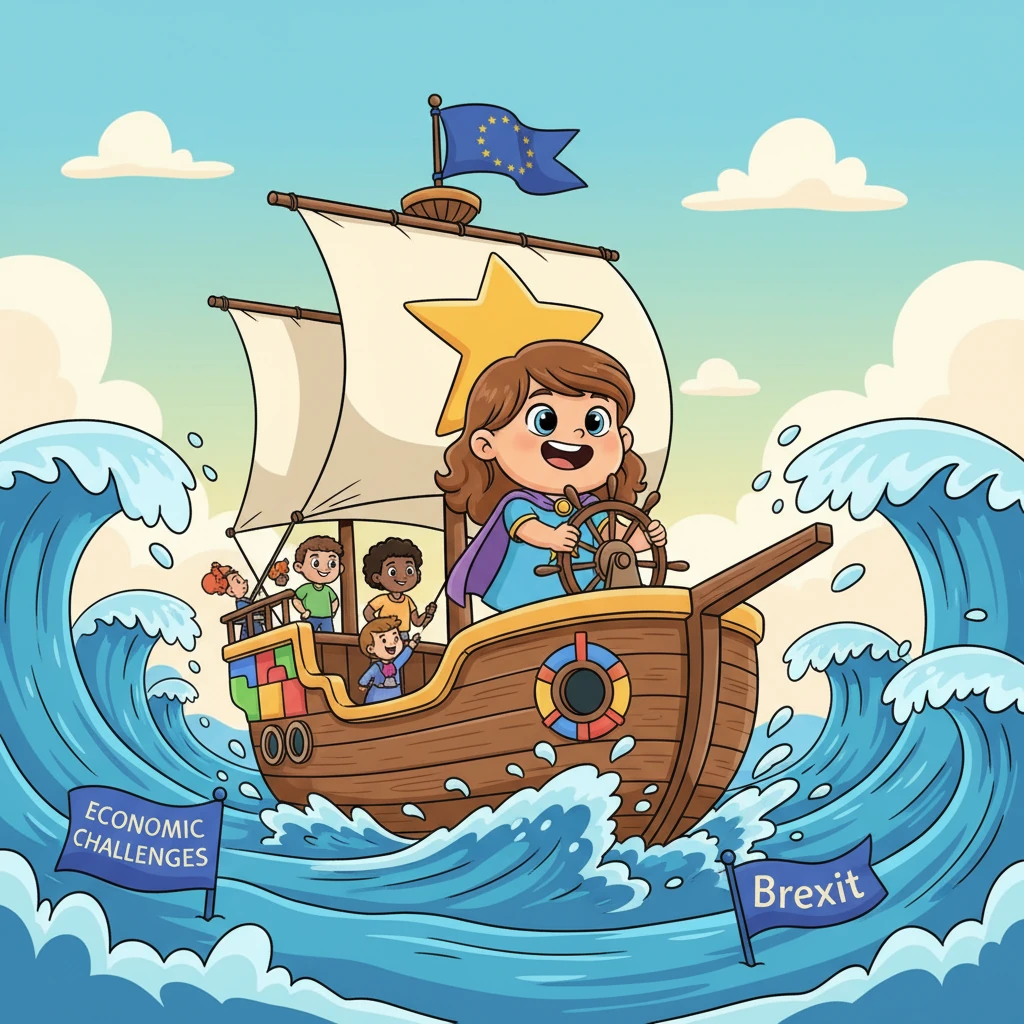 Elara sees the EU as a sturdy ship, bravely navigating through some big waves – economic challenges, global crises, and difficult decisions like Brexit. Despite the storms, the union holds together, learning and adapting to ensure stability and cooperation.