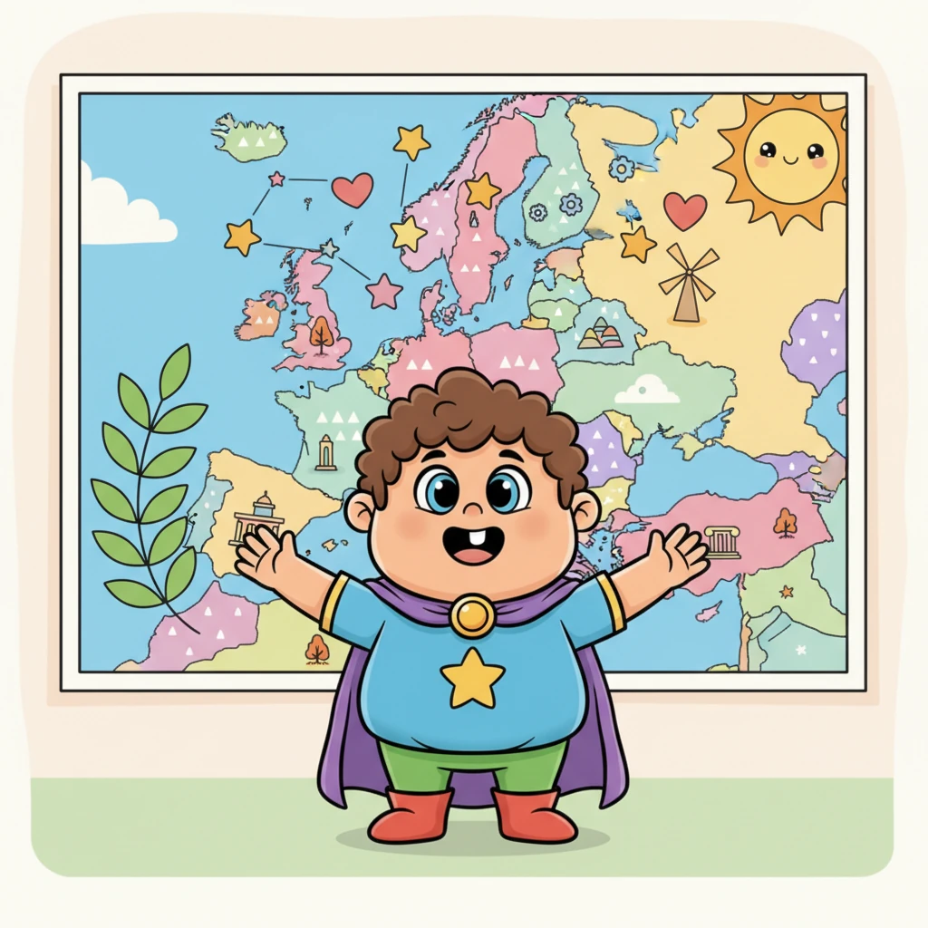 Finally, Elara stands proudly, looking at a vibrant, diverse map of modern Europe, understanding that the EU is a continuous journey. It's a union working for peace, prosperity, and a shared future, facing global challenges with a spirit of collaboration and hope.