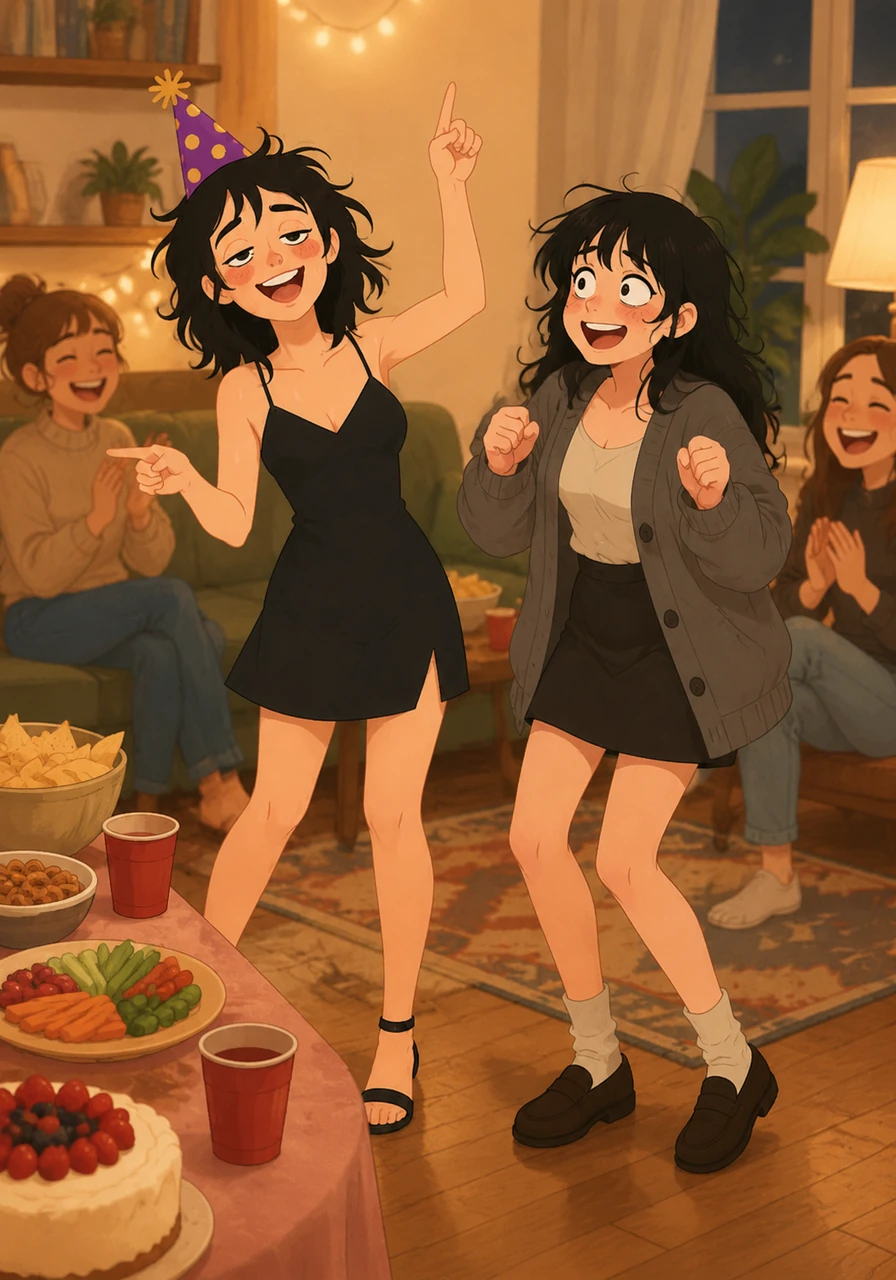A cozy, brightly lit living room is buzzing with laughter and music. Mandy is smiling broadly, wearing a festive hat, and dancing playfully near the food table, celebrating a small victory with her close friends.